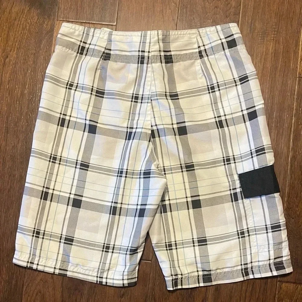 Carbon Plaid Cargo Swim Board Shorts Pockets Y2K